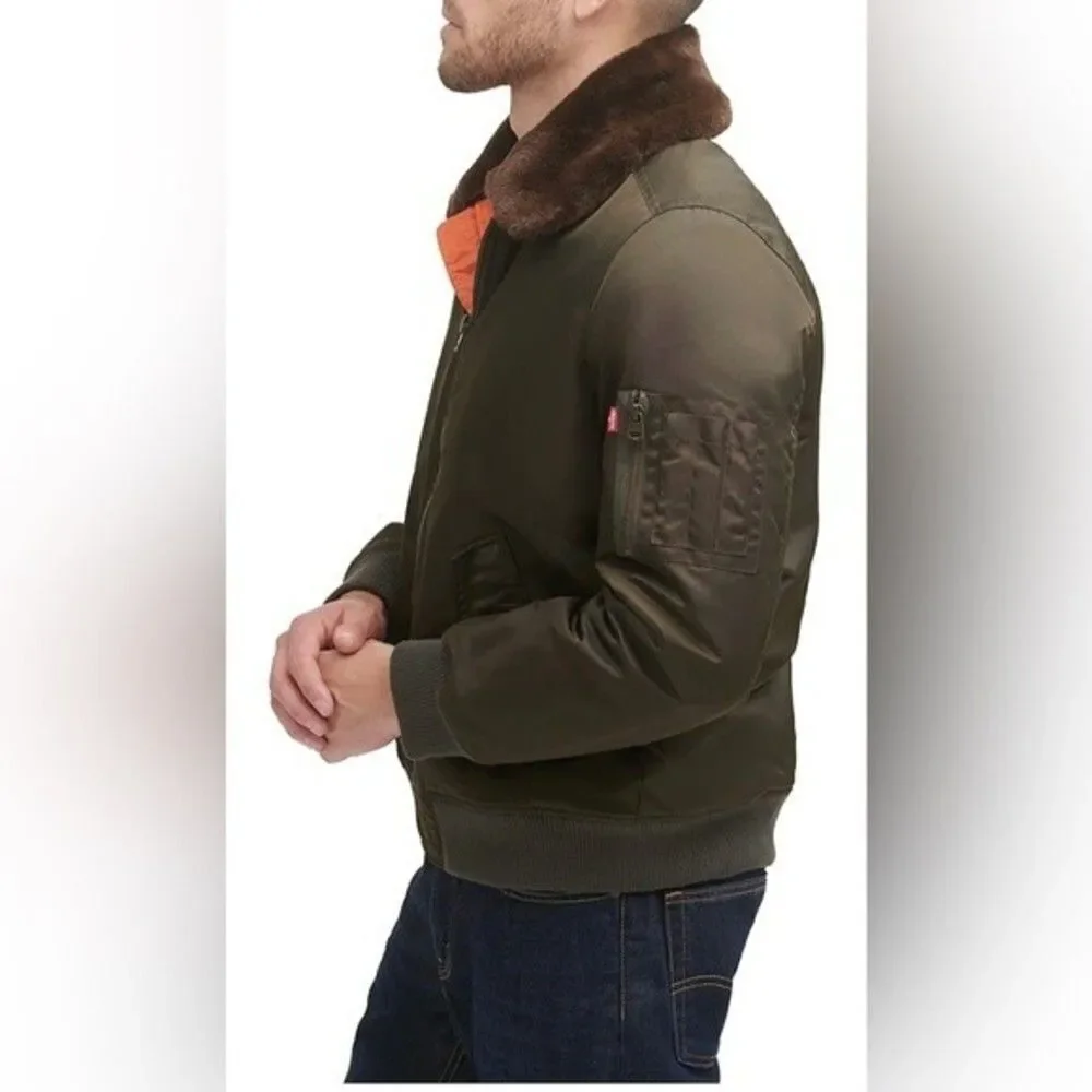 LEVI'S Men's Flight Bomber Jacket with a Faux Fur Removable Collar army green S